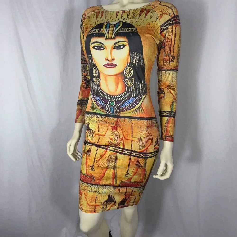 Cleopatra Egyptian Goddess Bodycon Dress | Good Time USA | Vintage Print Long Sl